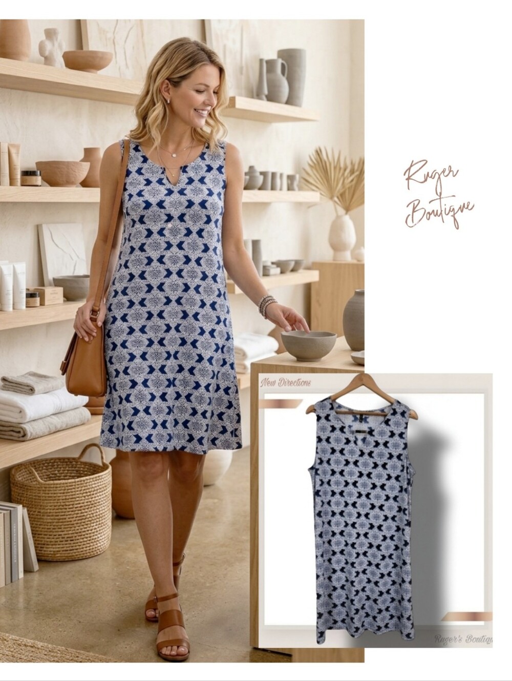 🌿New Directions Womens Large Navy White Pink Floral Sleeveless V-Neck Dress